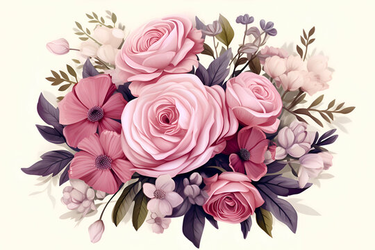 Vintage floral bouquet with pink roses and green leaves.  illustration.