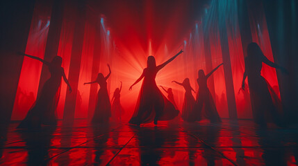 Mysterious shadowy figures dancing in an enigmatic silhouette, evoking a sense of intrigue. 