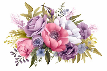 Floral bouquet with roses. peonies. anemones. hydrangea. anemones. eucalyptus.  illustration.