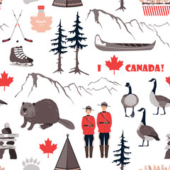 I love Canada seamless pattern with Canadian symbols. Beaver, goose, canoe, teepee, hockey, royal police, mountains, maple leaves and syrup. Vector background.