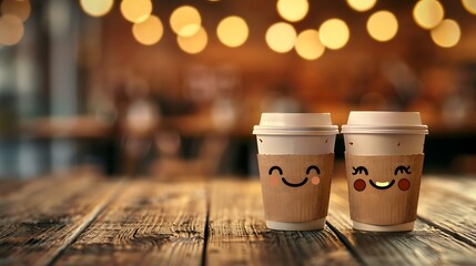 Two happy cups on coffee store blur wooden background