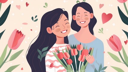 little daughter congratulates mom and gives her flowers and tulips mother's day concept generative ai