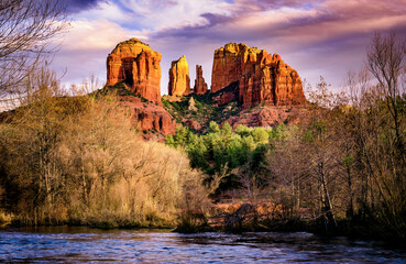 Cathedral Rock and Oak Creek at dusk in winter from Crescent Moon Park in Sedona Arizona - 776245846