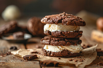Chocolate Cookie and Ice Cream Sandwiches. Close-up of homemade chocolate cookie and ice cream sandwiches with chunks of chocolate on a rustic wooden table. - obrazy, fototapety, plakaty