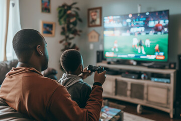 A man and a boy are playing a video game together. The boy is holding a controller and the man is watching him - obrazy, fototapety, plakaty