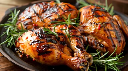 Whole grill chicken with caramelized skin and fresh rosemary on a dinner table