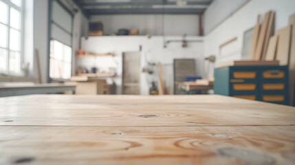 Closeup of an empty wooden table in a carpentry workshop with a blurred background of shelves tools and a large window