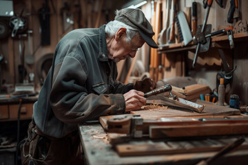 A man is working on a piece of wood in a workshop - obrazy, fototapety, plakaty
