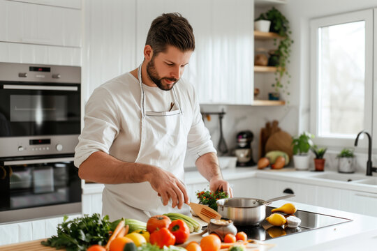 A man is preparing a salad in a kitchen. The kitchen is well-equipped with a stove, oven, and refrigerator. There are several bowls and plates on the counter, and a variety of vegetables