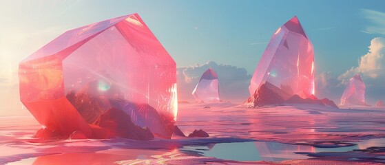 Immersed in a dreamy, surreal atmosphere, iridescent geometric figures float above a landscape where silky sands merge seamlessly with a clear, undisturbed body of water.