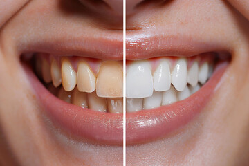 open mouth with white teeth before and after dental whitening close-up