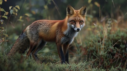 Discover the captivating Red Fox, known for its striking coat and cunning nature. Its presence enhances any ecosystem, making it a fascinating creature to observe. - obrazy, fototapety, plakaty