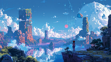 Pixelated retro game characters converging into a surreal digital landscape, a nod to nostalgia. 