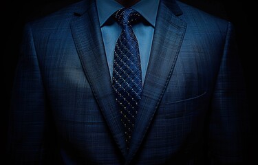 Elegant men's suit or businessman's clothing in dark blue on a mannequin in a boutique. The suit is complemented with a tie. In the dark background