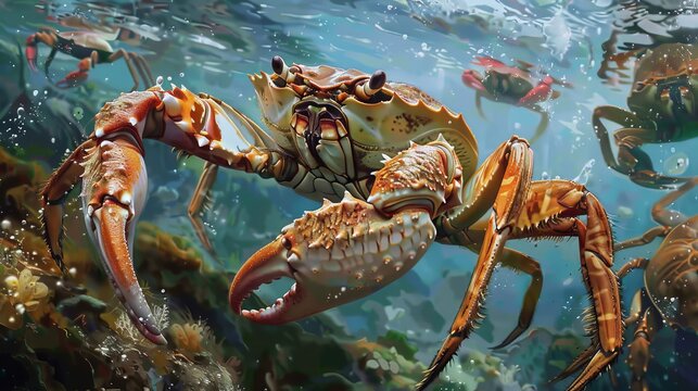 Crabs, one of the fascinating creatures of the sea, are expertly illustrated here, showcasing the wonders of marine life.