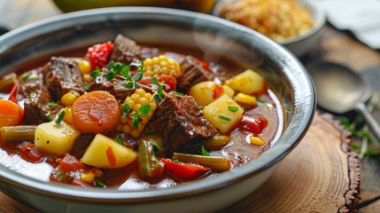 Chili dish. Casuela, beef soup with coarsely chopped vegetables and potatoes with the addition of a corn cob. 