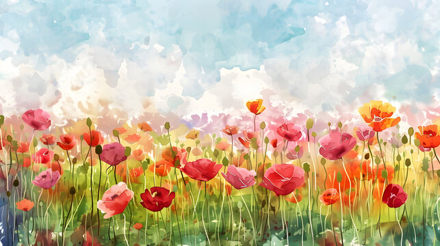 Colorful red pink yellow poppies, bright nature flowers, oil paints