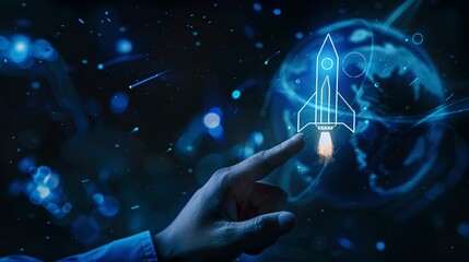 Innovative Business Concept with a Rocket Launch Drawing Interacting with a Human Hand. Symbolic of Startups and Entrepreneurship. Futuristic and Inspirational. AI