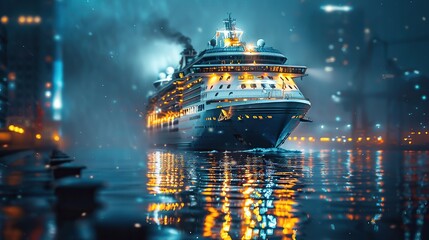 luxury cruise ship at night, Large luxury cruise ship with lights on at night