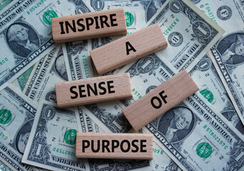 Purpose symbol. Wooden blocks with words Inspire a sense of Purpose. Beautiful dollar background....