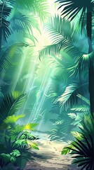 Illustration of a wild tropical jungle in muted green colors, , bright sun rays penetrating through palm trees and plants