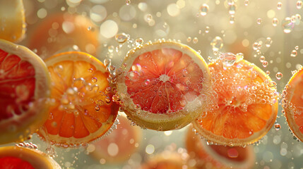 Slices of transparent fruit, suspended in a celestial void, creating a refreshing and surreal visual feast. 