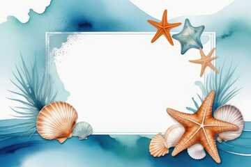 Obraz na płótnie Canvas Sea frame with stars and corals in minimalistic style in water color painting.
