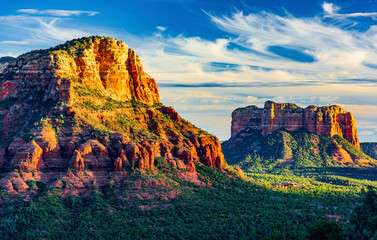Sedona mountains with Courthouse Butte in the distance at sunset