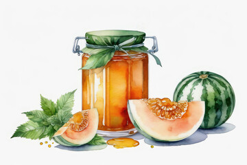 Melon jam or marmalade and fresh melon in watercolor style. - obrazy, fototapety, plakaty