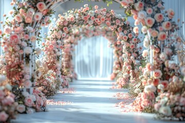 arch, walkway decorated with fantastic roses, pastel soft colors flowers, wedding design dream,...