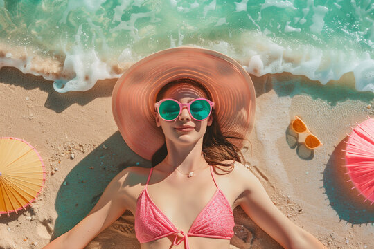 A woman is laying on the beach wearing a pink bikini and a pink hat. She is smiling and wearing sunglasses. There are two umbrellas in the background, one of which is pink