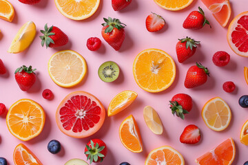 A colorful fruit salad with oranges, strawberries, and raspberries. The image has a vibrant and cheerful mood, with the bright colors of the fruits creating a sense of freshness and health