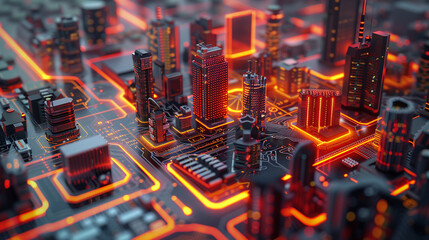 Techno-inspired circuit board pathways merging into an abstract cityscape, blending the organic and synthetic. 