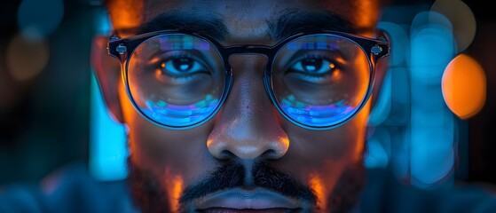 A programmer with glasses intently working on coding and cyber security. Concept Coding, Cyber Security, Programmer, Glasses, Intense Focus