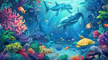 Naklejka na ściany i meble Discover the vibrant underwater world! Witness playful marine creatures, colorful coral reefs, and diverse ocean habitats in this enchanting illustration.
