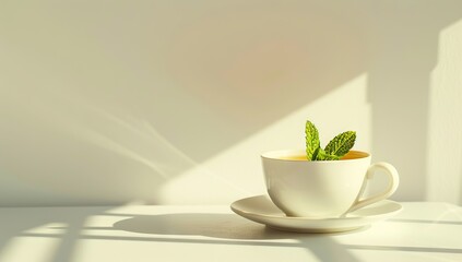 hot cup of tea with mint on wooden table. AI generated illustration - obrazy, fototapety, plakaty