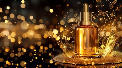 Naklejka premium Eye-catching golden oil drops splash onto a luxurious bottle, showcasing its beauty and allure. This captivating 3D illustration is perfect for highlighting your hair care products.