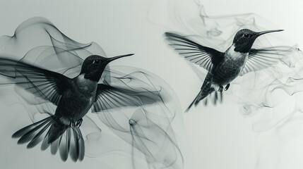 Transparent hummingbird silhouettes in flight, capturing the essence of delicate motion. 