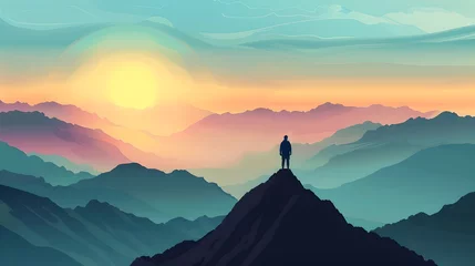  Solo traveler at summit during sunrise. Inspirational nature landscape. Digital art scene depicting tranquility and exploration. Perfect for background use. AI © Irina Ukrainets