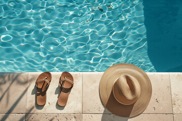 A pair of sandals and a straw hat are sitting on a ledge next to a pool. Concept of relaxation and leisure, as the items suggest a day spent by the water - obrazy, fototapety, plakaty