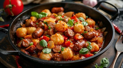 A dish with chili. Gnocchi are balls of dough in tomato sauce with sausages and onions.