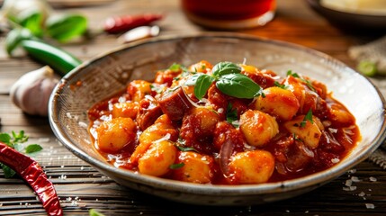 A dish with chili. Gnocchi are balls of dough in tomato sauce with sausages and onions.