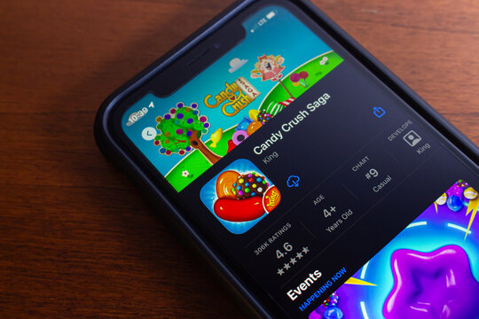 Vancouver, CANADA - Apr 1 2024 : Candy Crush Saga app seen in App Store on an iPhone screen. Candy Crush Saga is a free-to-play tile-matching video game released by King for iOS and Android