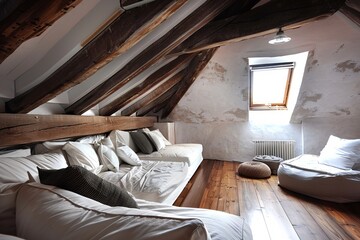 The cozy loft room has exposed wood beams overhead.