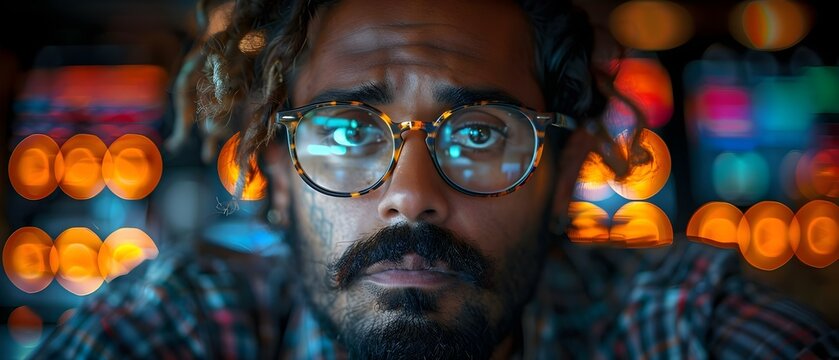 A focused programmer wearing glasses working on coding and cyber security. Concept Coding, Cyber Security, Programmer, Glasses, Focused