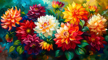 Colorful red pink white Dahlias, bright nature flowers, oil paints - obrazy, fototapety, plakaty