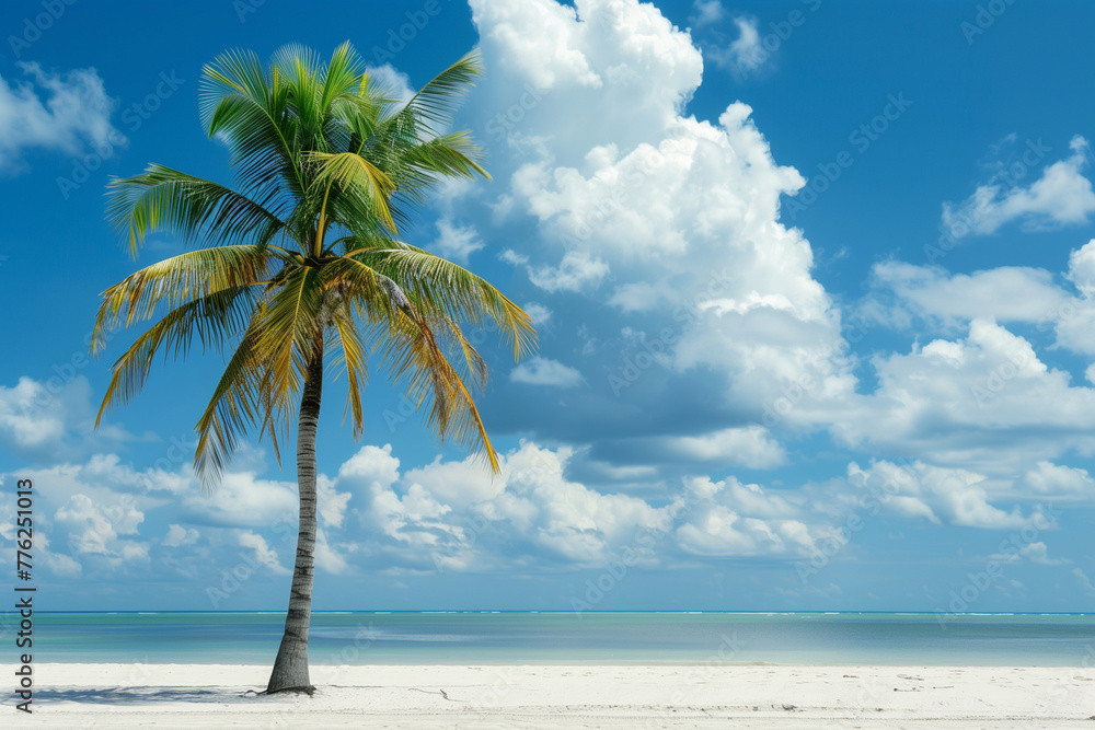 Poster a palm tree stands alone on a beach with a cloudy sky in the background. the scene is serene and pea