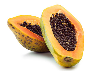 Pawpaw, fruit and isolated for diet with seeds and open, nutrition and wellness or healthy. Papaya. food and natural with zoom for center and color, weight loss and vitamin c or vegan in studio