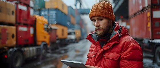 Overseeing International Shipping Operations: A Logistician with a Tablet Near Trucks. Concept Logistics Management, International Shipping, Tablet Technology in Warehousing
