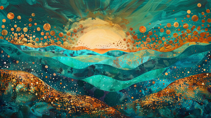 Layers of vibrant turquoise, sun-kissed oranges, and shimmering golds blending together agnst the backdrop of night, forming a breathtaking tapestry of color and light.